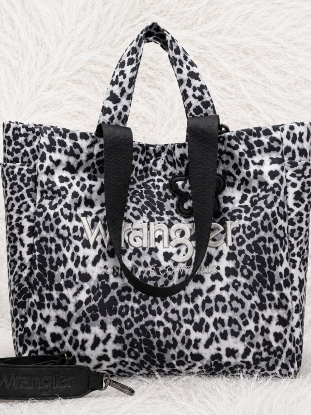 Wrangler Black & White Leopard Print Long Live Cowgirls Tote Bag